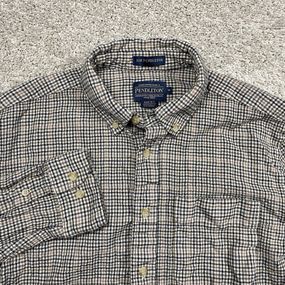 Sir Pendleton Wool Button Down Shirt Mens Medium Plaid Check Brown‎ Tan Black